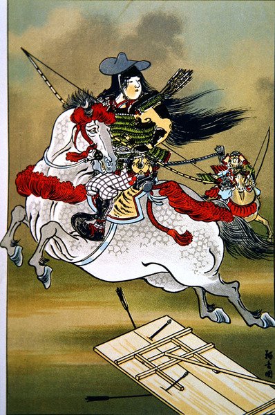 Tomoe, uma corajosa mulher guerreira do Japão durante os períodos Genji e Heishi (cor litho) de School Japanese