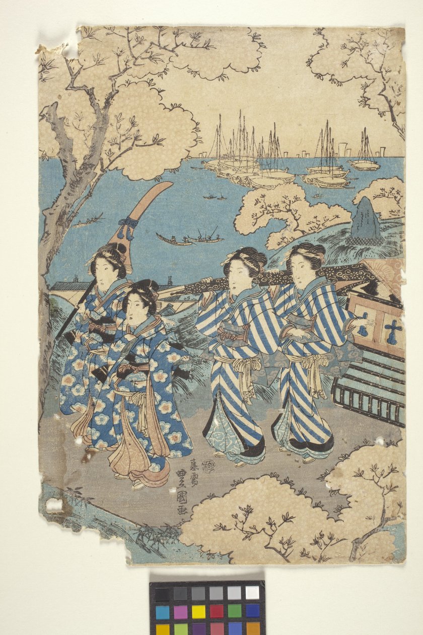 Totó: Vista de Flores em Gotenyama, 2 (Parte do Tríptico) (xilogravura a cores) de School Japanese