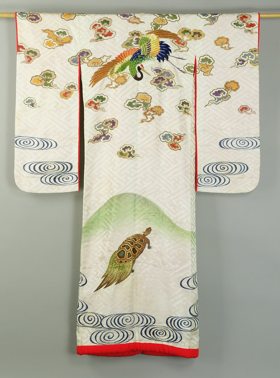 Robe de casamento Uchikake decorado com um grou e uma tartaruga (têxtil) de School Japanese