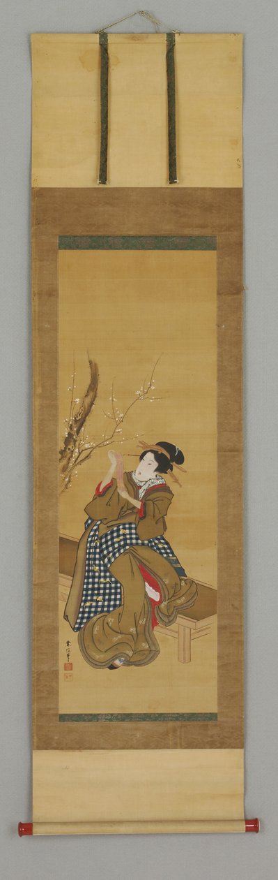 Ukiyoe, mulher sentada no banco de Japanese School