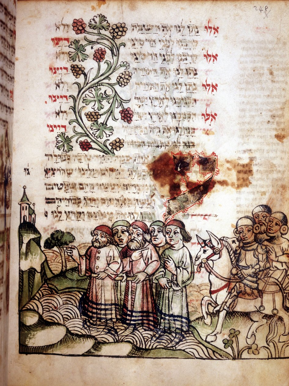 Cena bíblica: Os judeus atravessam o Mar Vermelho. Página de um Machazor, livro de orações em hebraico. sd. manuscrito. de School Jewish