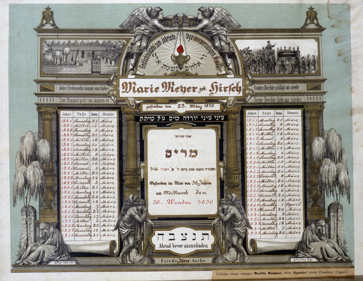 Calendário comemorativo dos futuros serviços mortuários de um parente próximo falecido. Pintura Jahrzeit. Museu Judaico da Basiléia, Suíça. de School Jewish
