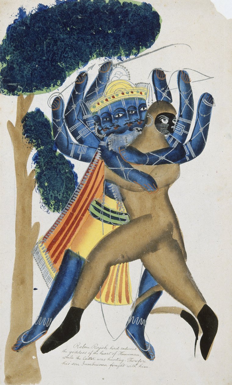 Ravana, o rei demónio do Ceilão, em luta com o filho de Hanuman (aguarela sobre papel) de School Kalighat