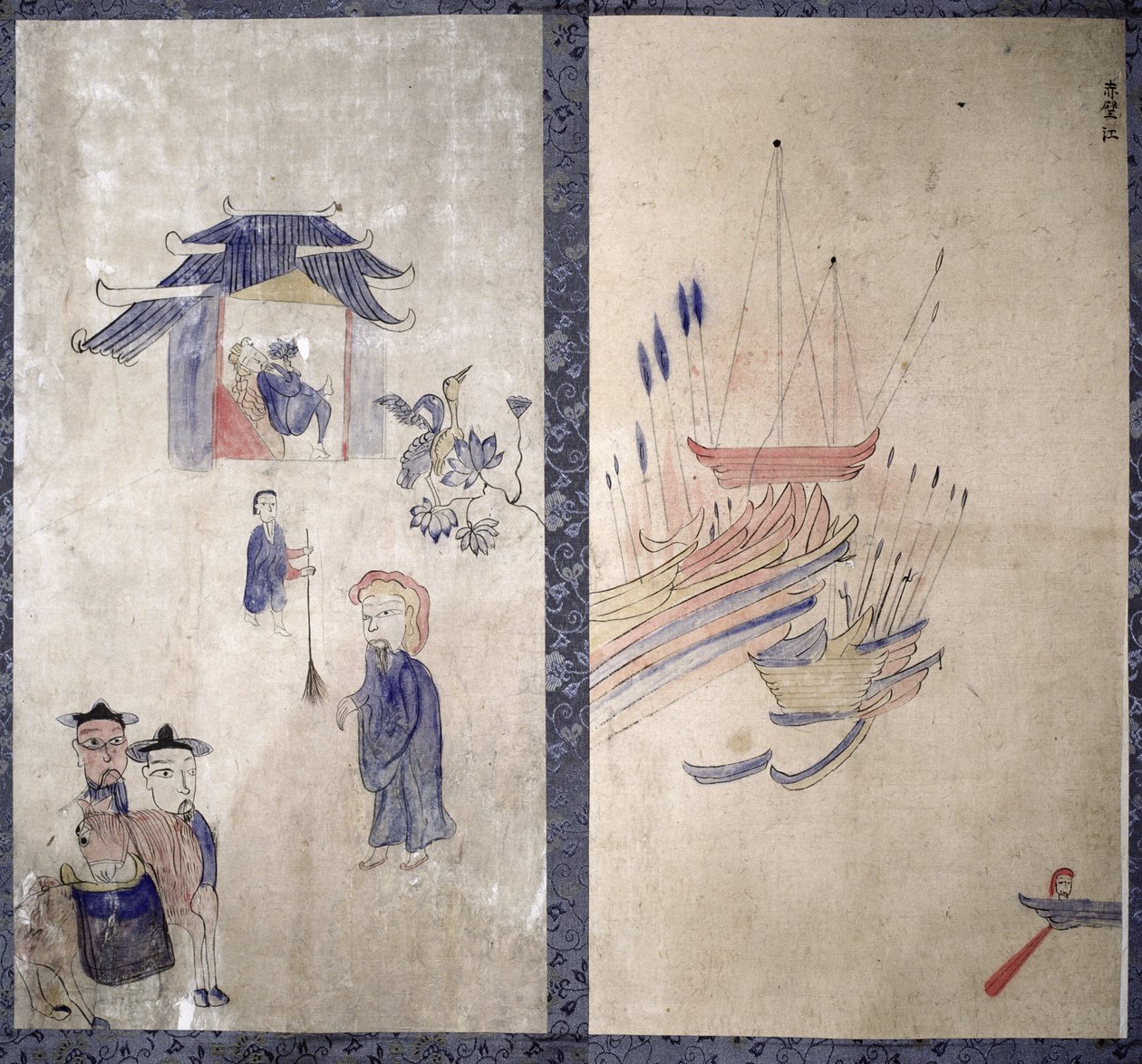 Um painel de uma tela de oito dobras representando uma história dos três reinos (pigmentos naturais sobre papel) de School Korean