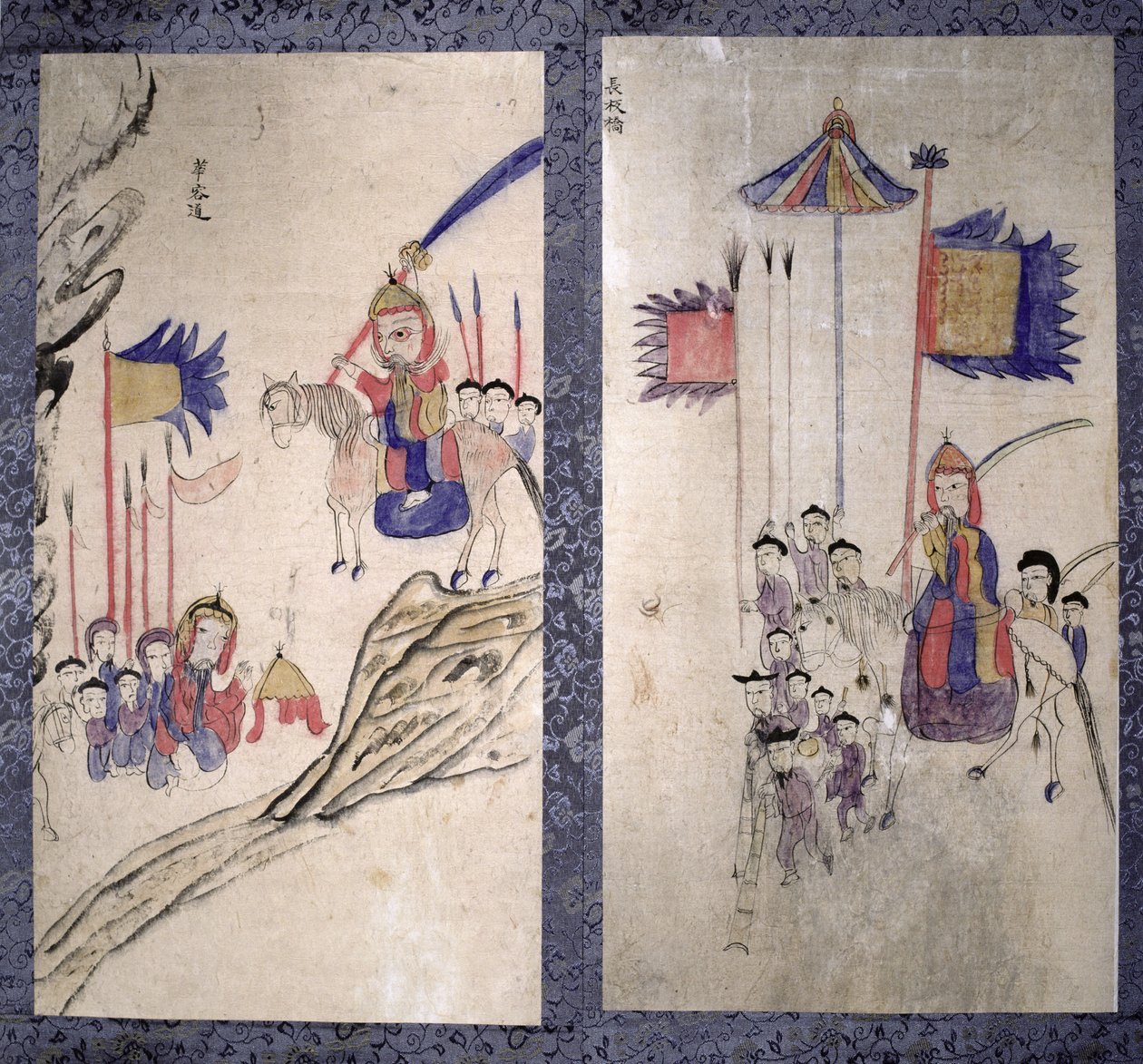Um painel de uma tela de oito dobras representando uma história dos três reinos (pigmentos naturais sobre papel) de School Korean