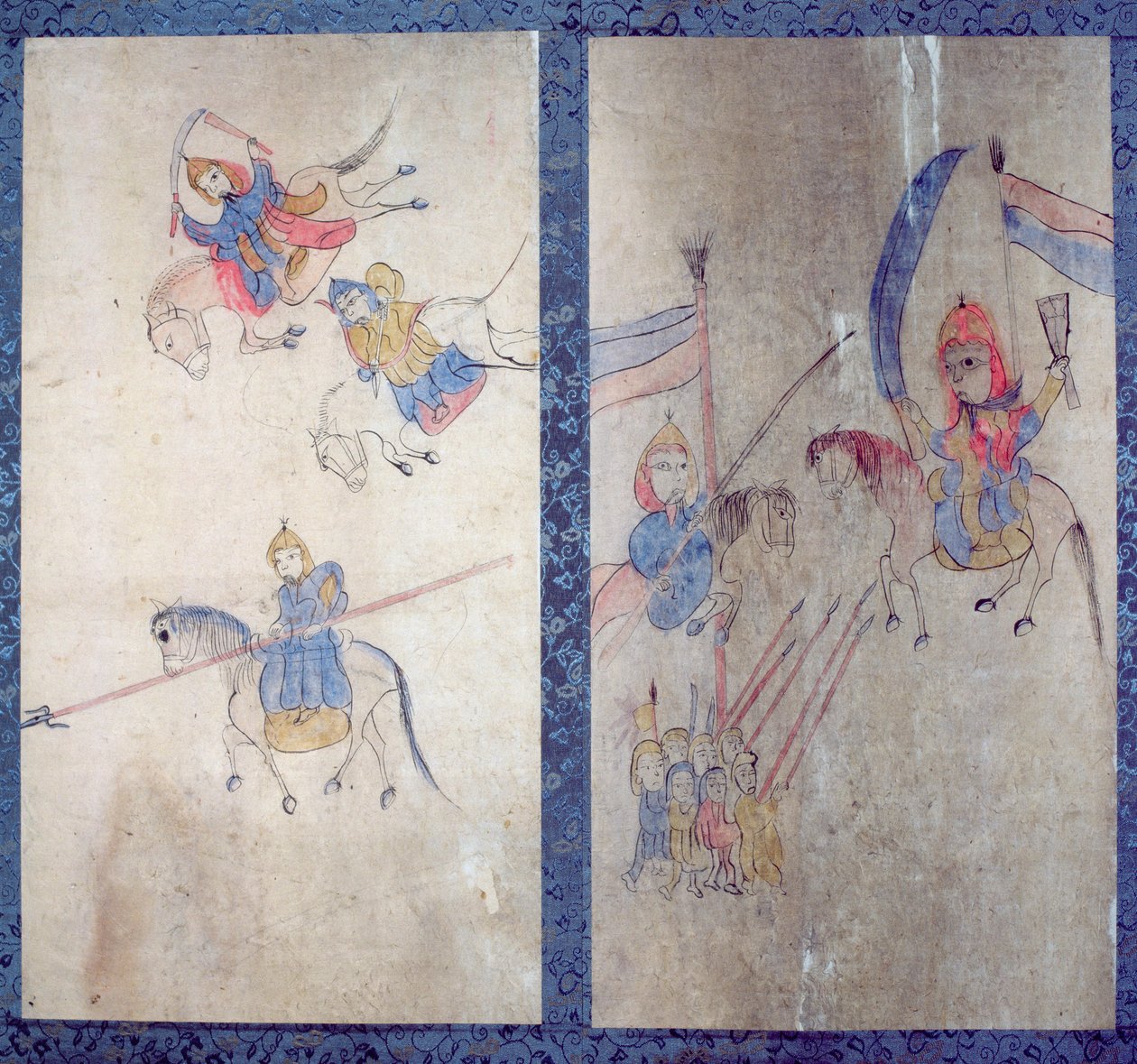 Um painel de uma tela de oito dobras representando uma história dos três reinos (pigmentos naturais sobre papel) de School Korean
