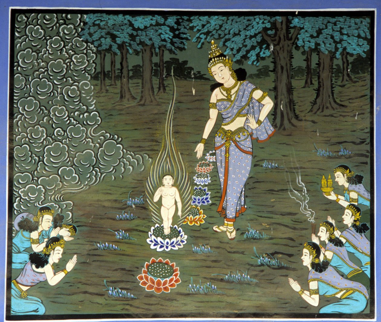 Nascimento de Buda. Fresco no Templo de Yongju, região de Suwon, Coreia. de School Korean