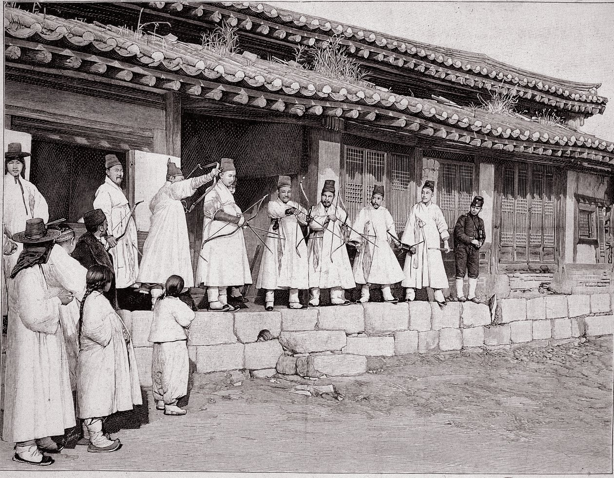 Bowmen no velho palácio de Seul, Coreia, final do século XIX de School Korean