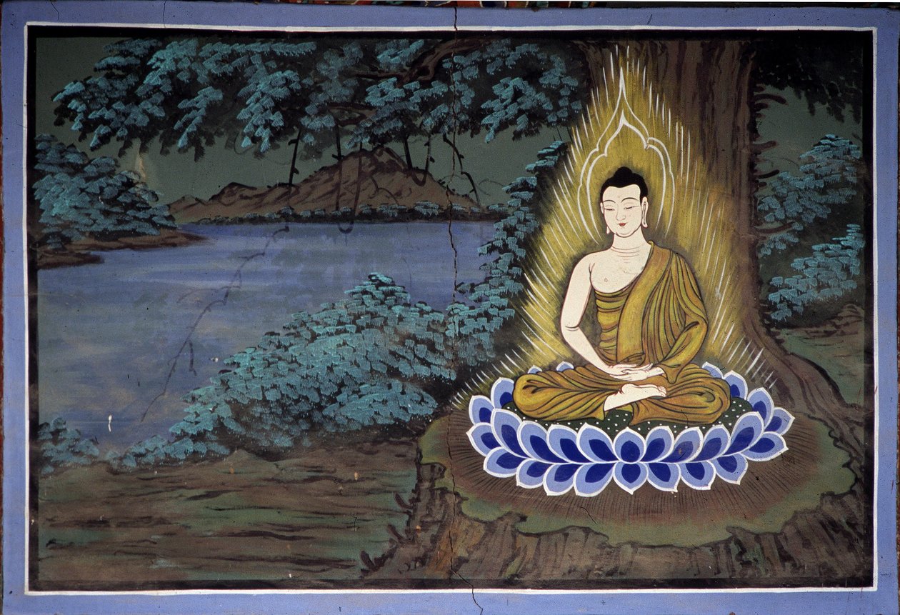 Meditação de Buda: Fresco no Templo de Yongju, Região de Suwon, Coreia de School Korean