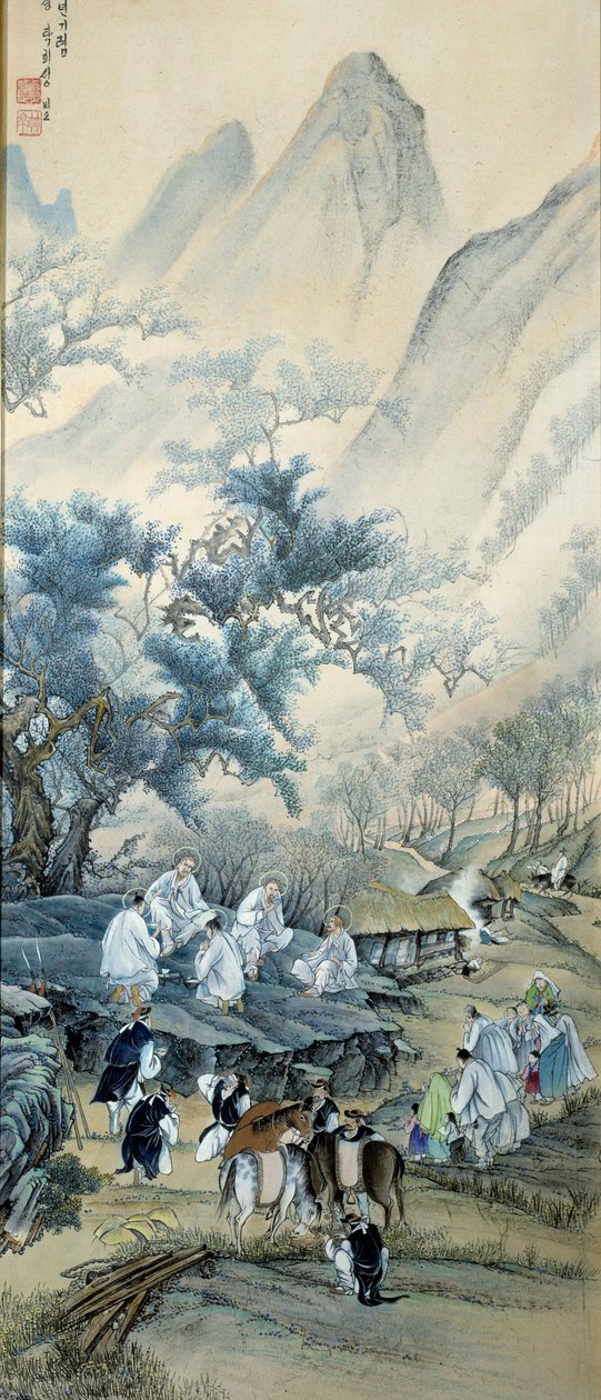 Coreen Art: Os Coreens civis vieram de missionários católicos europeus mortos pela repressão durante a evangelização na Coreia no século XIX, enquanto os gendarmes bebiam álcool. Os missionários estão representados com os auréolas como santos católicos. P de School Korean