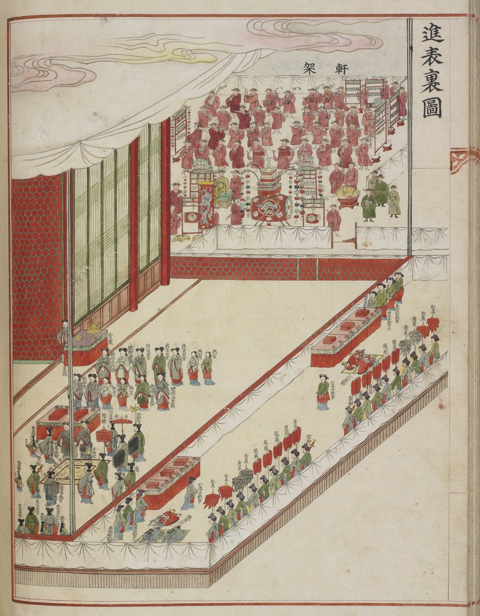Ritual da corte coreana. Página de um manuscrito da corte mostrando o 60º aniversário da consumação em 1749 do casamento de Lady Hyegyong e o príncipe herdeiro Sado. de School Korean
