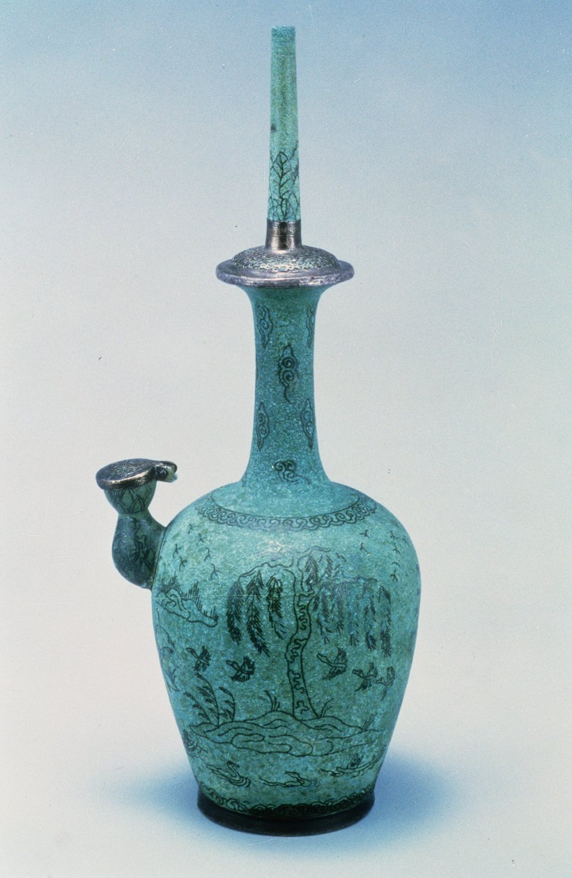 Kundika incrustada com desenho representando pássaros e uma árvore em prata, Dinastia Koryo, 918-1392 d.C. (bronze) de School Korean