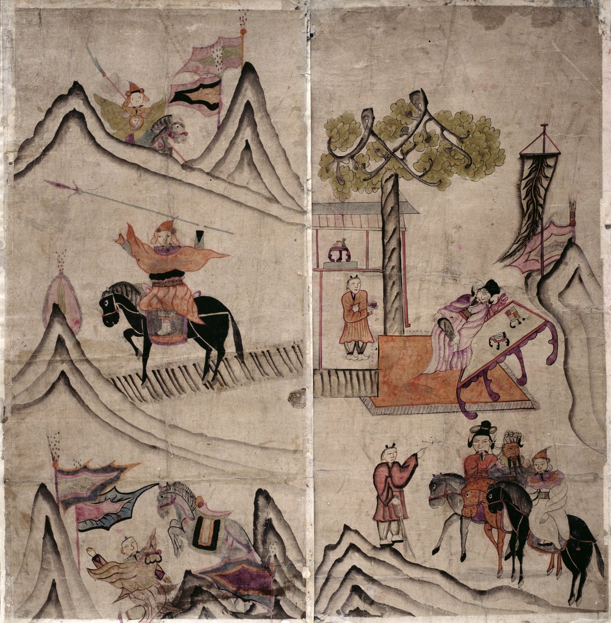 Dois painéis de uma tela de oito dobras representando "Uma história de três reinos" (pigmentos naturais sobre papel) de School Korean