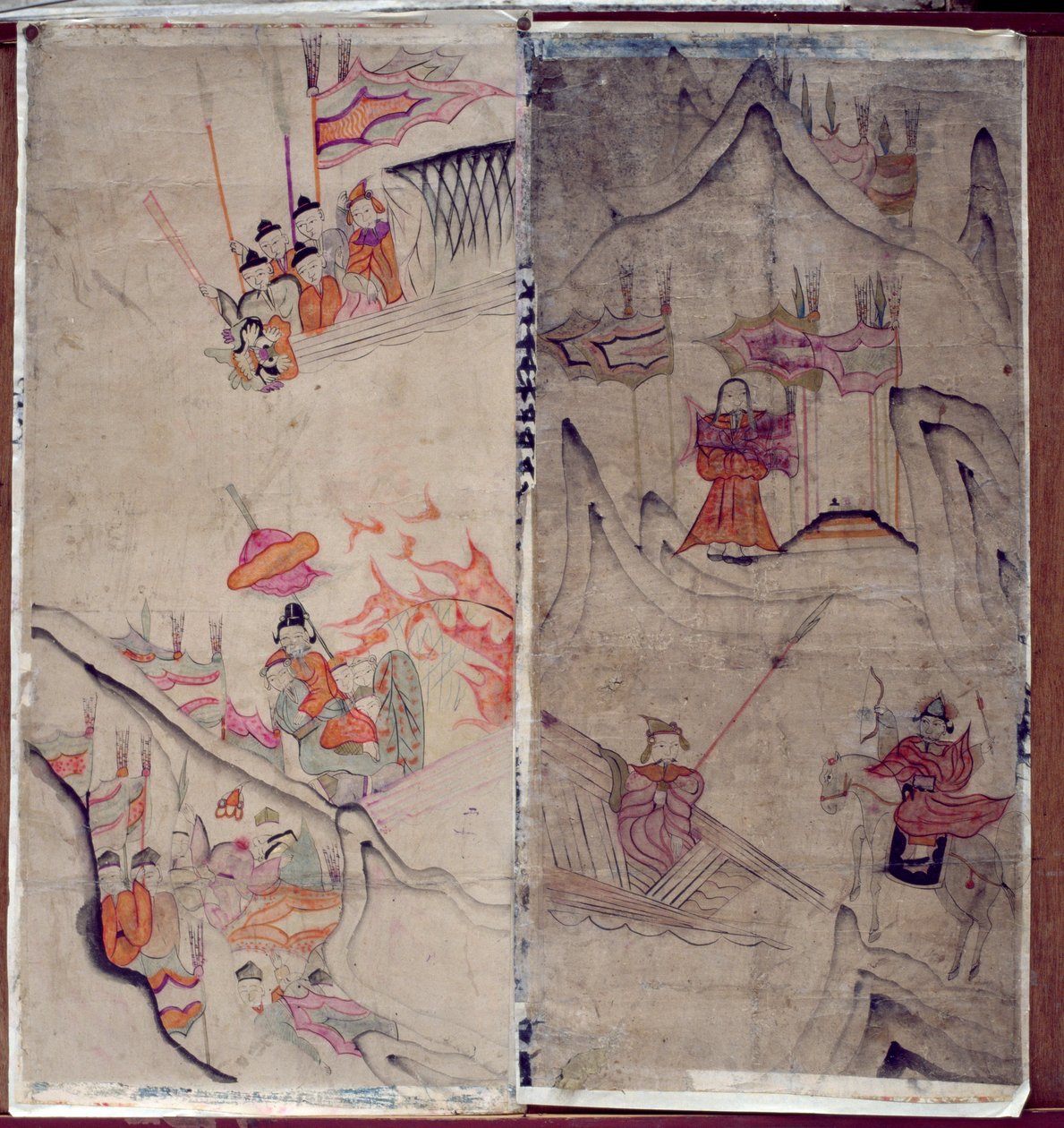 Dois painéis de uma tela de oito dobras representando "Uma história de três reinos" (pigmentos naturais sobre papel) de School Korean