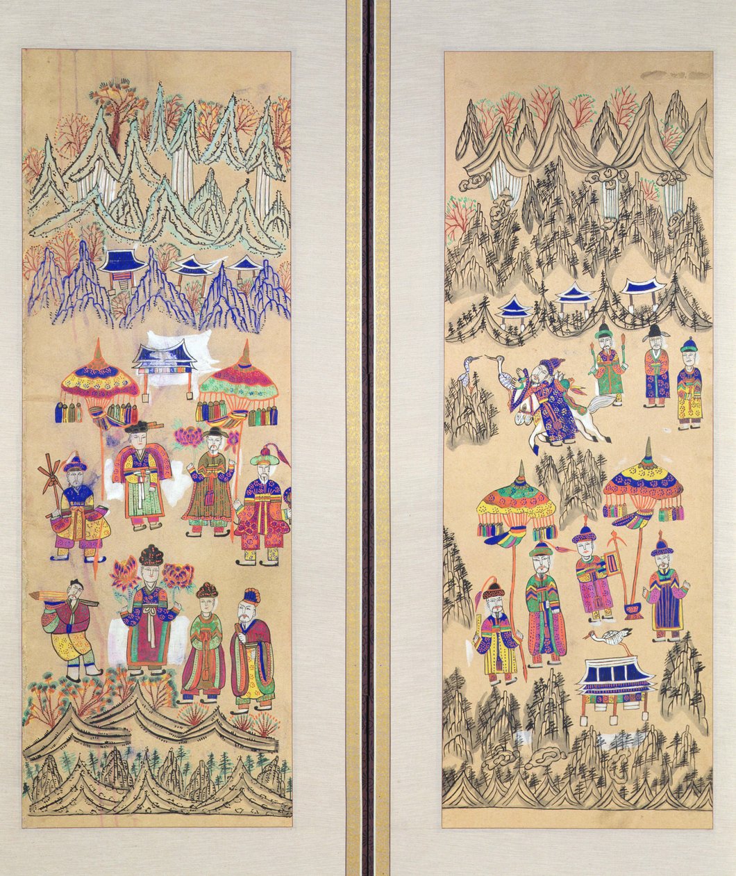 Dois painéis de uma tela de oito dobras representando "Pinturas de xamanismo" (cores sobre papel) de School Korean