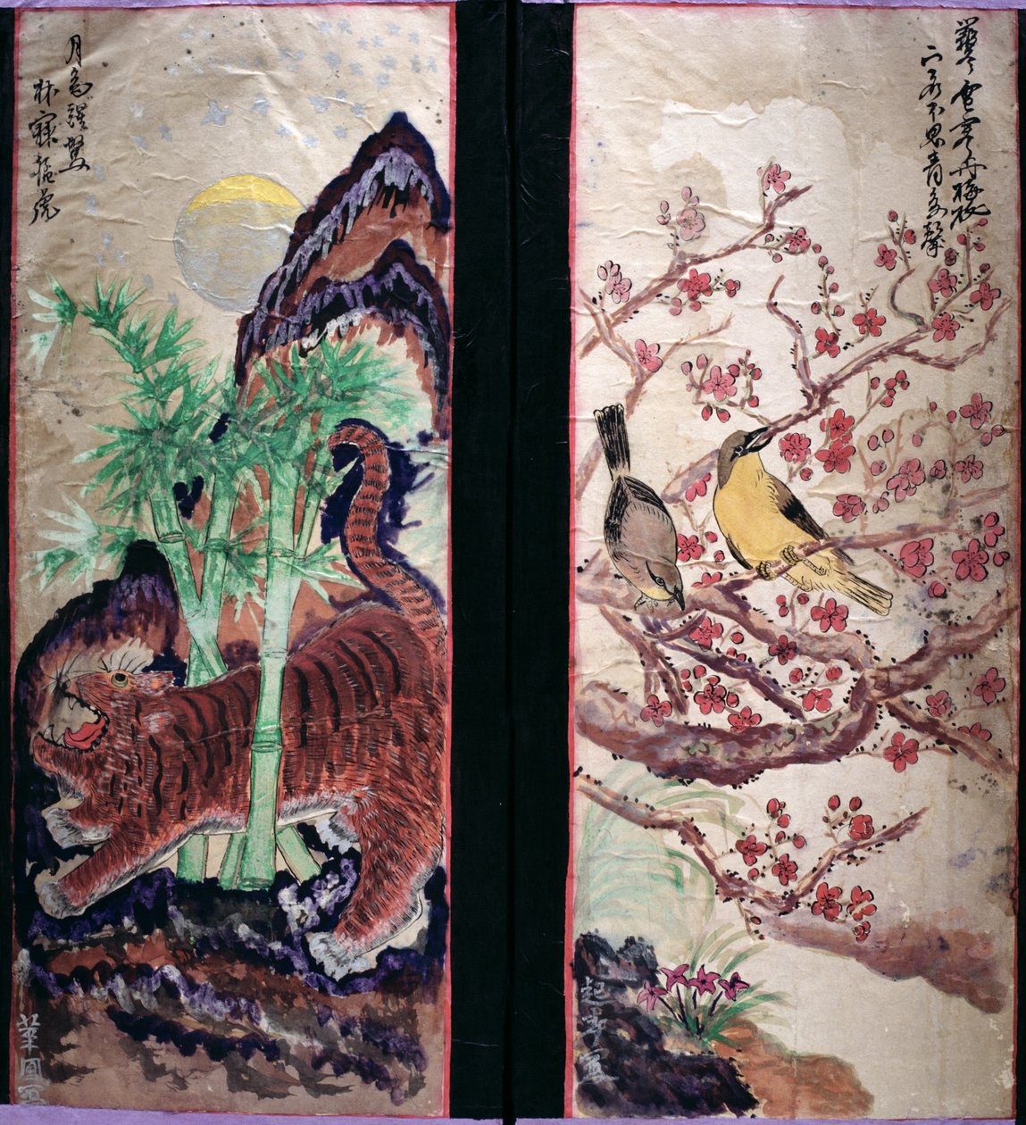 Dois painéis de uma tela de oito dobras representando pássaros e flores (pigmentos naturais sobre papel) de School Korean