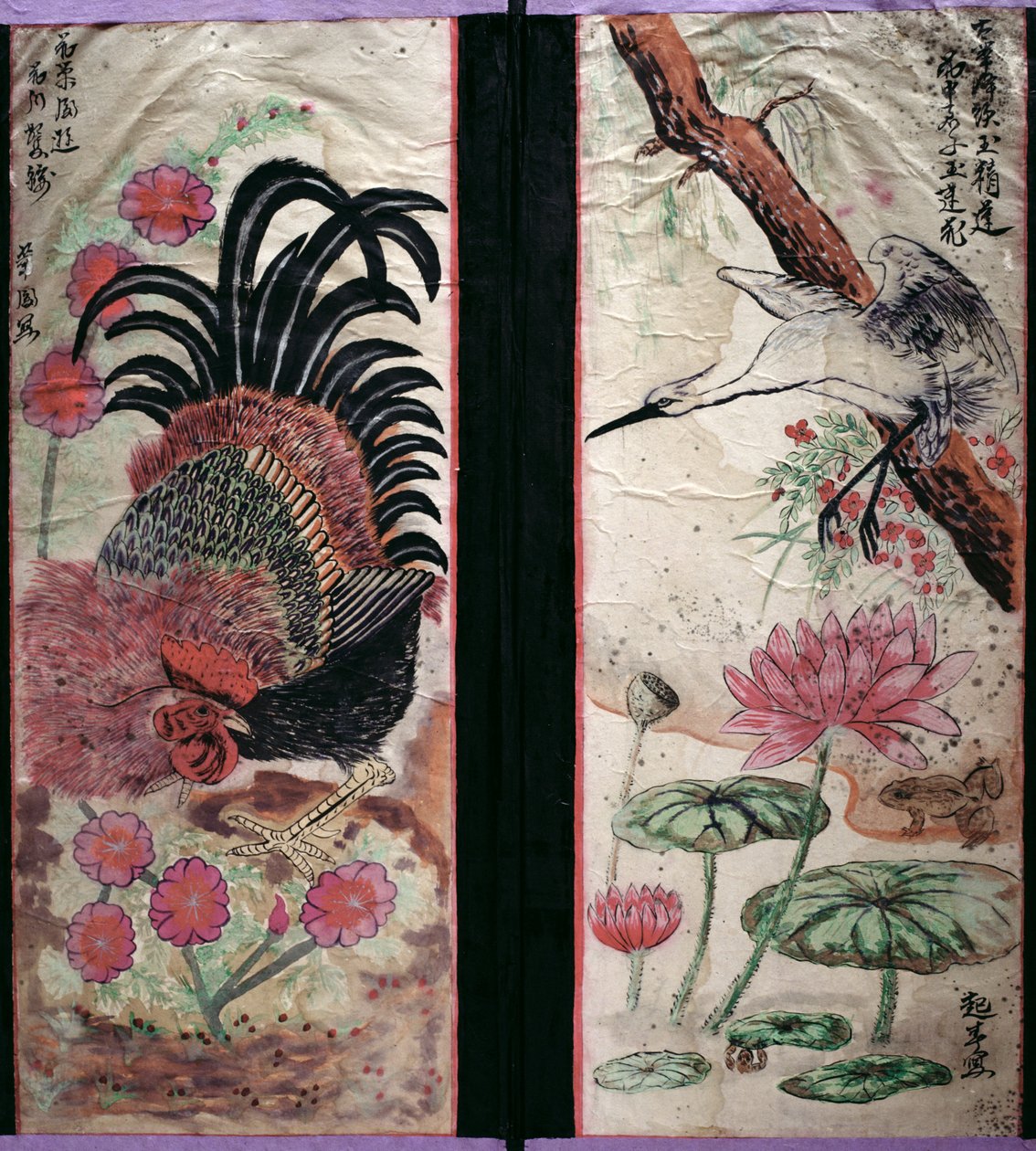 Dois painéis de uma tela de oito dobras representando pássaros e flores (pigmentos naturais sobre papel) de School Korean