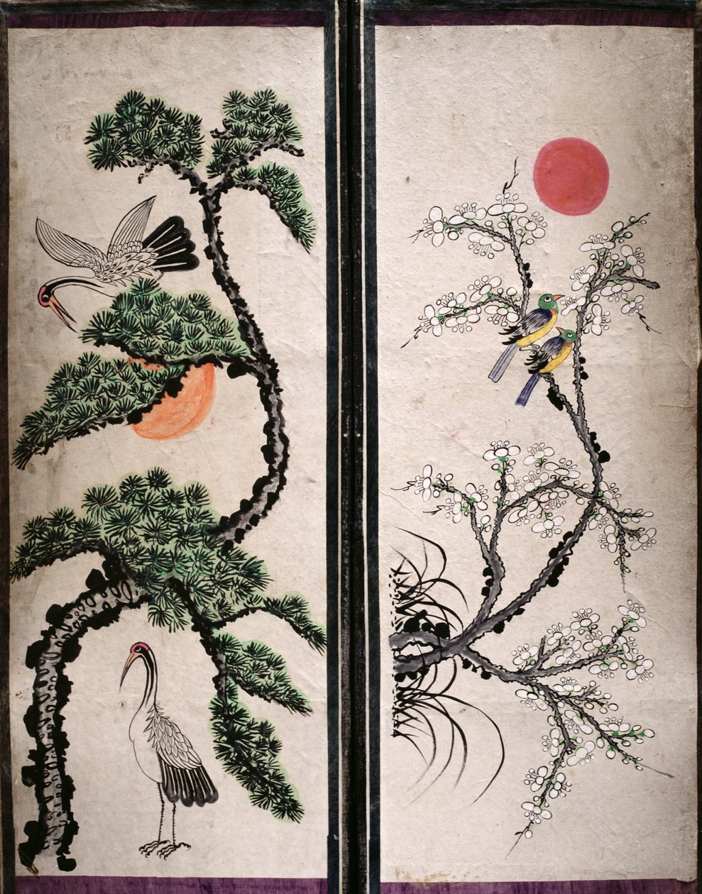 Dois painéis de uma tela de oito dobras representando pássaros e flores (pigmentos naturais sobre papel) de School Korean
