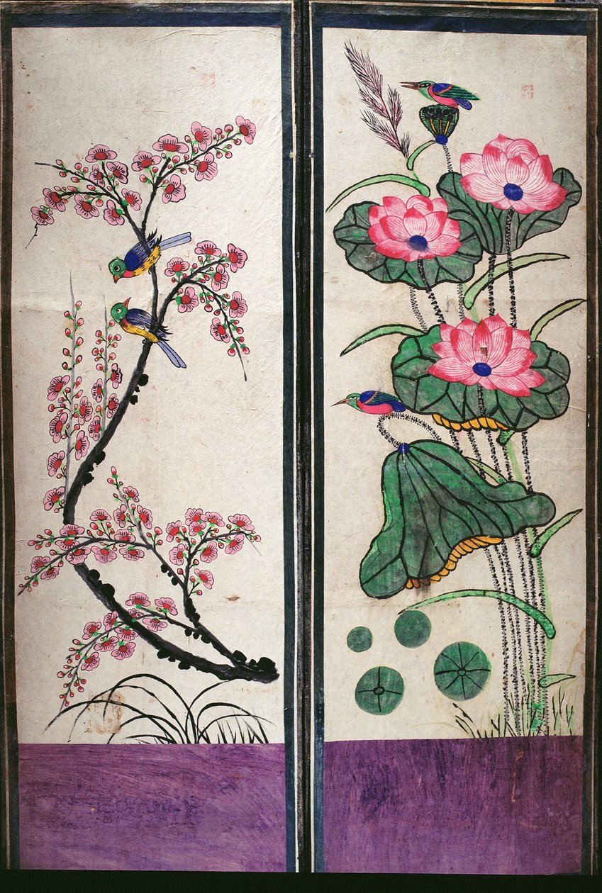 Dois painéis de uma tela de oito dobras representando pássaros e flores (pigmentos naturais sobre papel) de School Korean