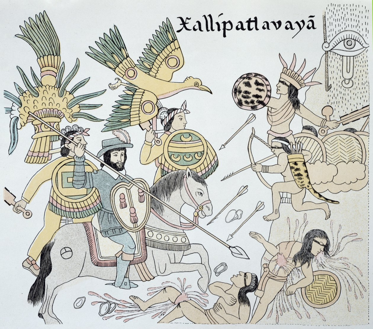Combate entre espanhóis e astecas na batalha de Xallipatlavaya, ilustração de um fac-símile de uma história ilustrada indígena mexicana "Lienzo de Tlaxcala" de c.1550 de School Mexican