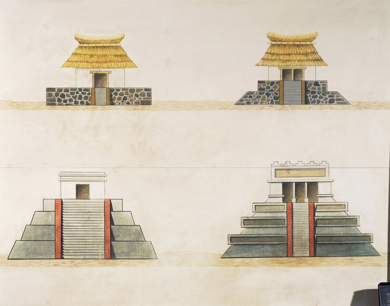 Reconstrução histórica de edifícios em Tenochtitlan (cor litho) de School Mexican