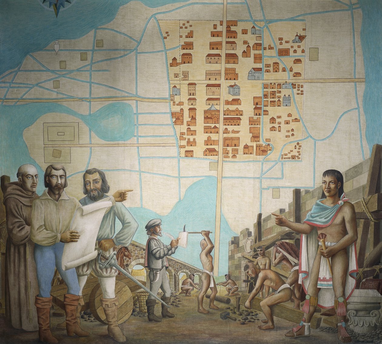 Três homens de pé em uma construção, Cidade do México, México de School Mexican