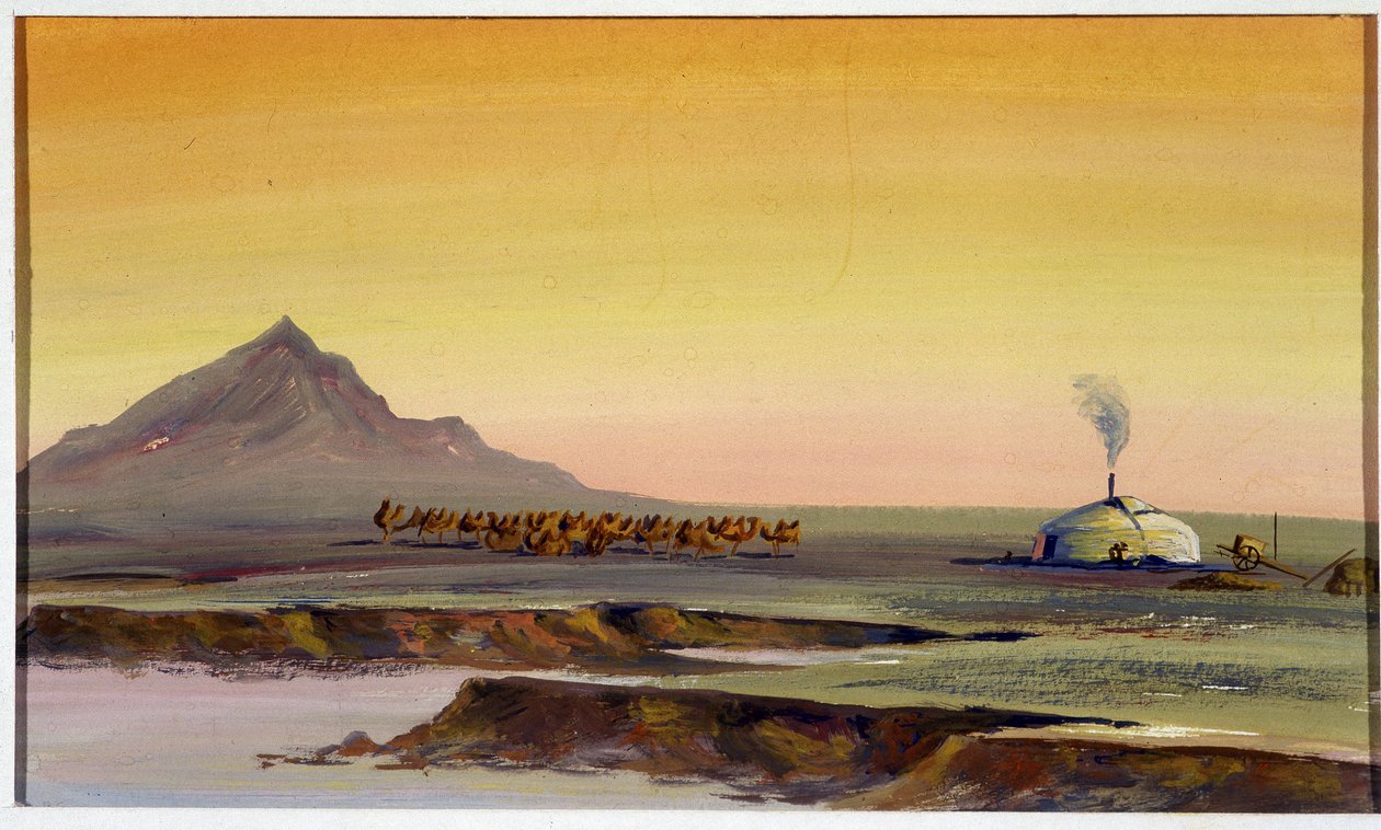 Manada de camelos e yurt, Mongólia - Mongólia Watercolian Watercolour de School Mongolian