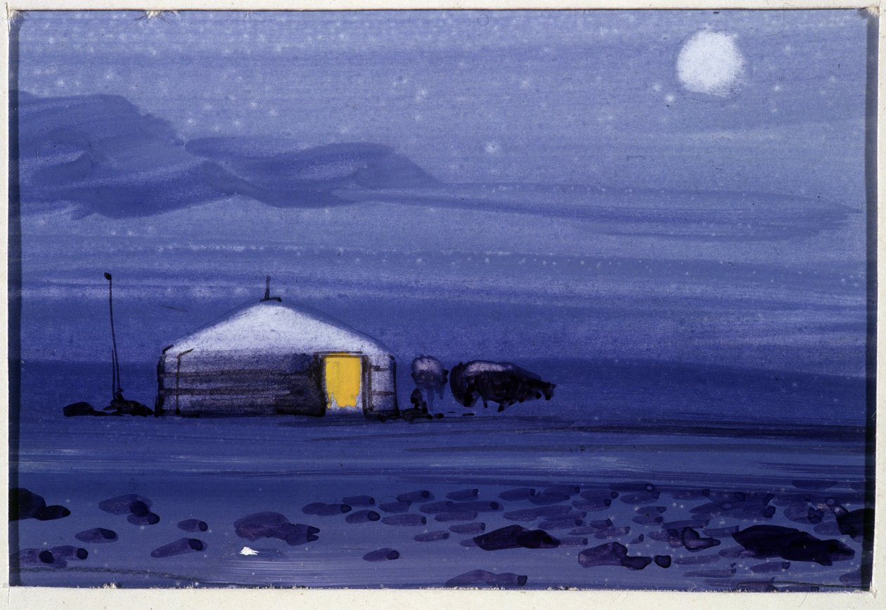 Mongolian Yurt, Night - Mongolian Watercolour de School Mongolian