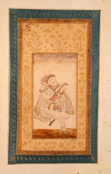 Um Sarangi dançarino, músico da quadra de Mughal, do Grande Álbum Clive (desenho colorido) de School Mughal