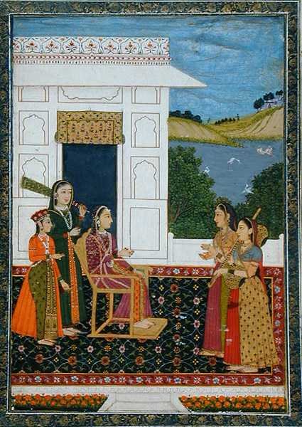 Uma senhora com assistentes num terraço, do Pequeno Álbum Clive (aguarela opaca sobre papel) de School Mughal