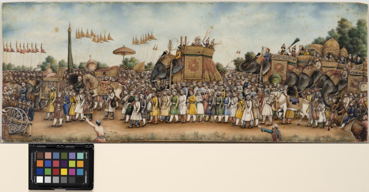 Akbar Shah II monta um elefante em uma enorme procissão, por volta de 1835 (aquarela opaca e ouro sobre marfim) de School Mughal