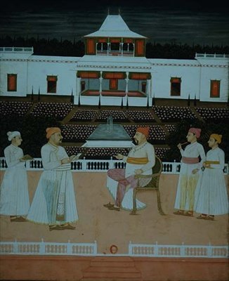 Hazan Riza apresenta uma aplicação ao Nawab de Oudhaa num jardim Mughal de School Mughal