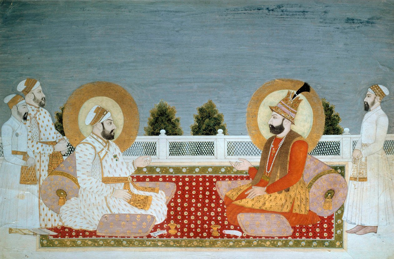 Arte Indiana: "Representação de Mohammed Shah (1702-1748) Imperador Indiano e Nadir Shah (1688-1747), Shah do Irão" Miniatura da Escola Mughole, Muhammad Shah (1526-1858 A.D.), Sun. 0,21x0,31 m - Paris, Musee Guimet, Musee national des Arts Asians - M de School Mughal