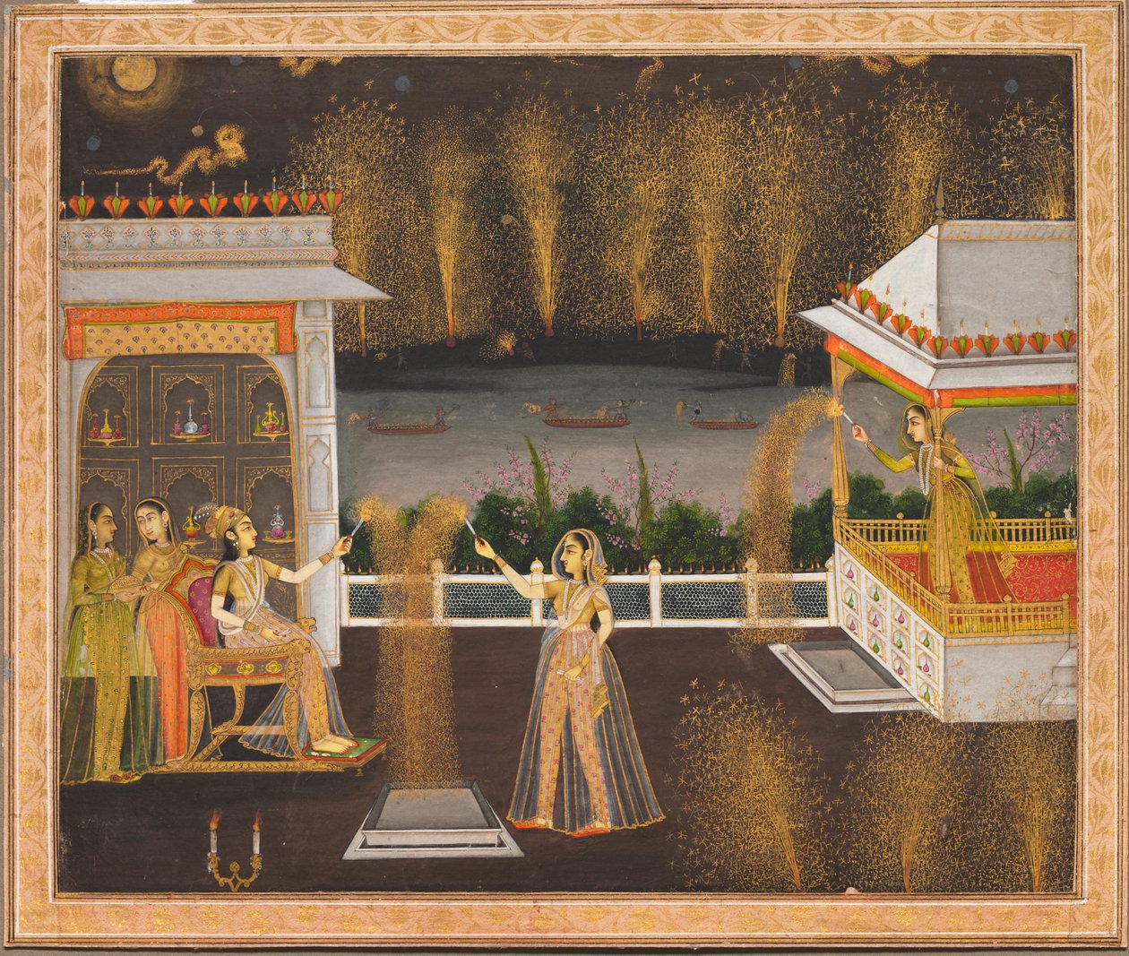 Senhoras a festejar o Diwali, c.1760 (aguarela opaca e ouro sobre papel) de School Mughal