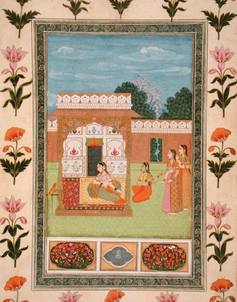 Senhoras junto a um pavilhão, do Pequeno Álbum Clive (aguarela opaca sobre papel) de School Mughal