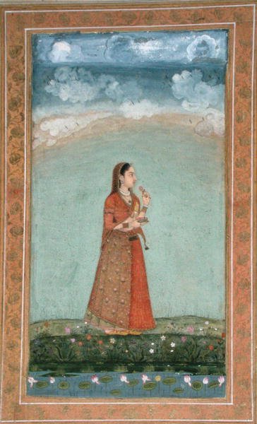 Senhora segurando uma tigela de flores de rosa, do Pequeno Clive Album (aguarela opaca sobre papel) de School Mughal