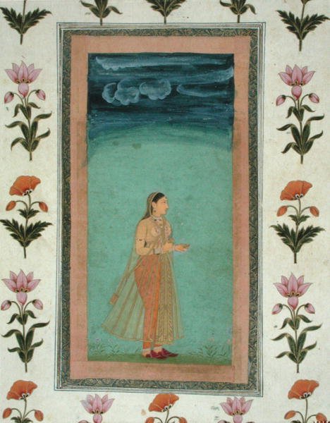 Senhora segurando uma flor, do Pequeno Clive Album (aguarela opaca sobre papel) de School Mughal