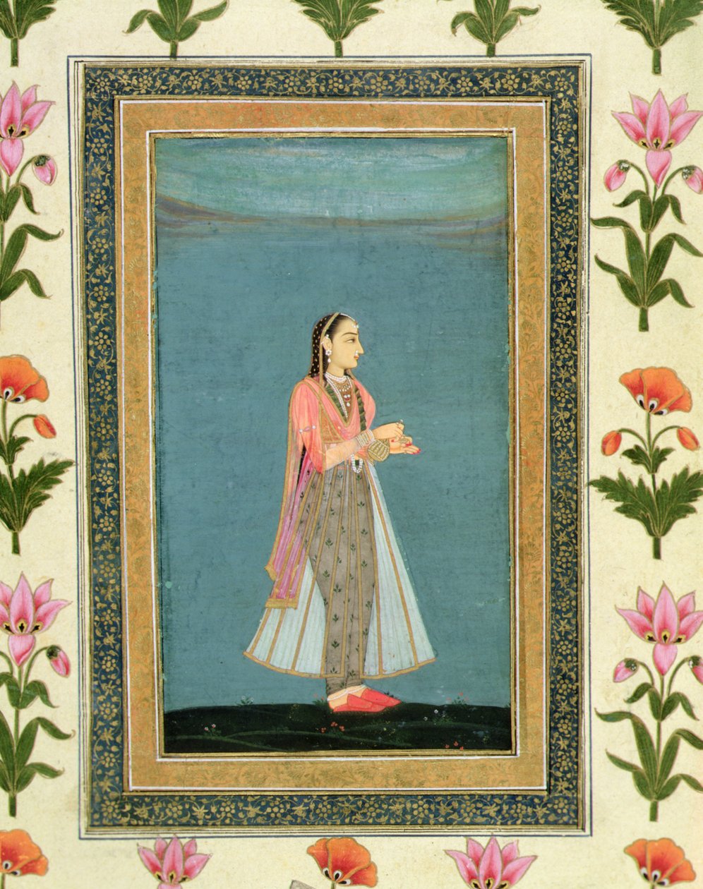 Senhora segurando um frasco e uma taça de vinho, do Grande Álbum Clive (aguarela sobre papel) de School Mughal