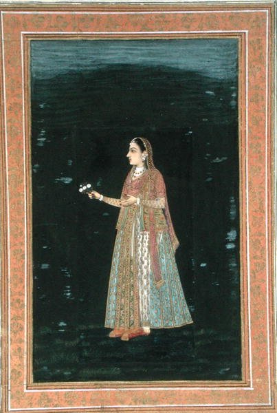 Senhora segurando flores, do Pequeno Clive Album (aguarela opaca sobre papel) de School Mughal