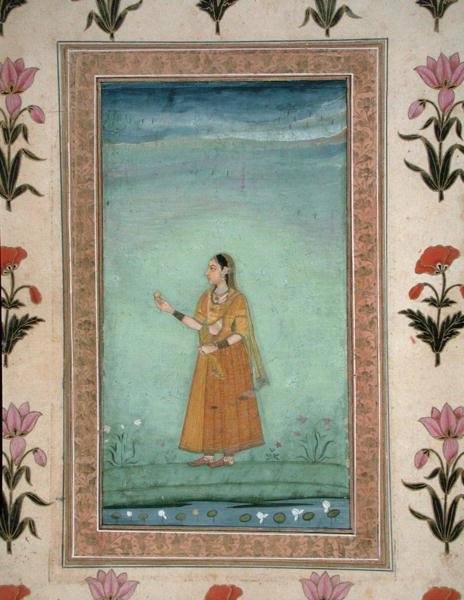 Senhora segurando frutas, de pé junto a um lago de lírios, do Pequeno Clive Album, c.1600 (aquarela opaca sobre papel) de School Mughal