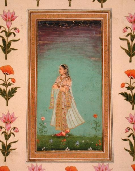 Senhora caminhando através das flores, do Pequeno Clive Album (aguarela opaca sobre papel) de School Mughal