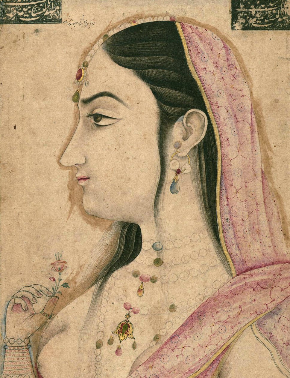 Lal Kunwar, favorito do 8º imperador mogol Jahandar Shah (falecido em 1125 AH - 1713 dC), miniatura mogol (papel com tinta, tinta e ouro montado em papelão) de School Mughal