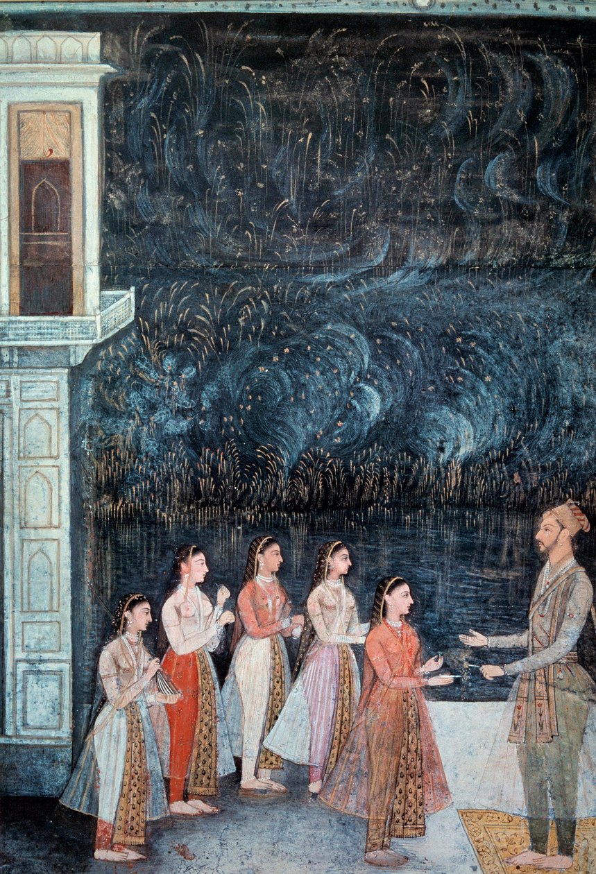 Cena de festa nocturna na corte do Shah Jahan representando o príncipe e as cortesãs. Fogos de artifício ao fundo Miniatura da Escola Mughal do século XVIII. Sol 0,21x0,15 m Paris, Musee Guimet, Musee national des Arts Asians de School Mughal