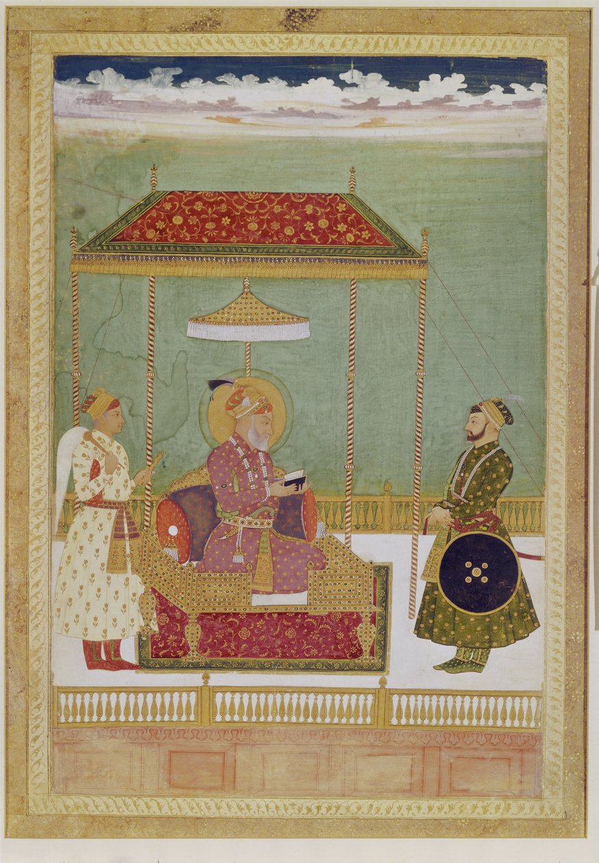 Retrato de Shah Aurangzeb com um homem, possivelmente Ashraf Khan, início do século 18 (aquarela opaca, tinta e ouro sobre papel) de School Mughal