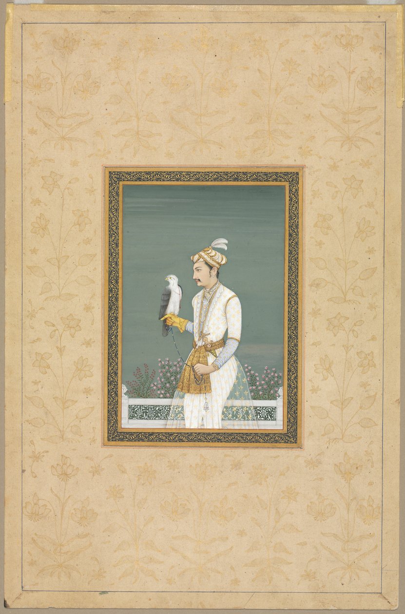 Retrato de um príncipe com um falcão de School Mughal