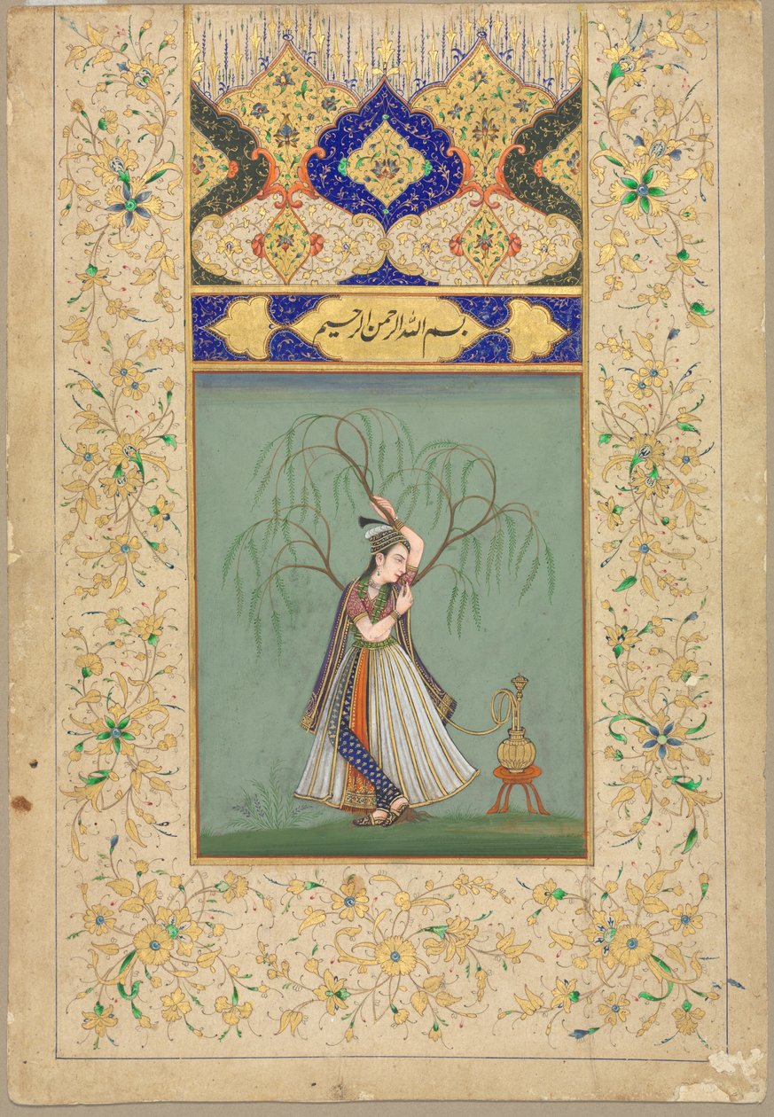 Princesa a fumar um cachimbo de água (no papel de Salabhanjika) de School Mughal