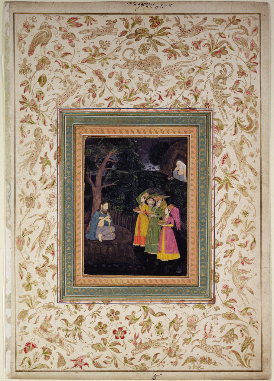 Sultan Ibrahim Adham de Balkh com Anjos, Johnson Album VI, no.5, c.1770-80 (guache com ouro na folha do álbum) de School Mughal