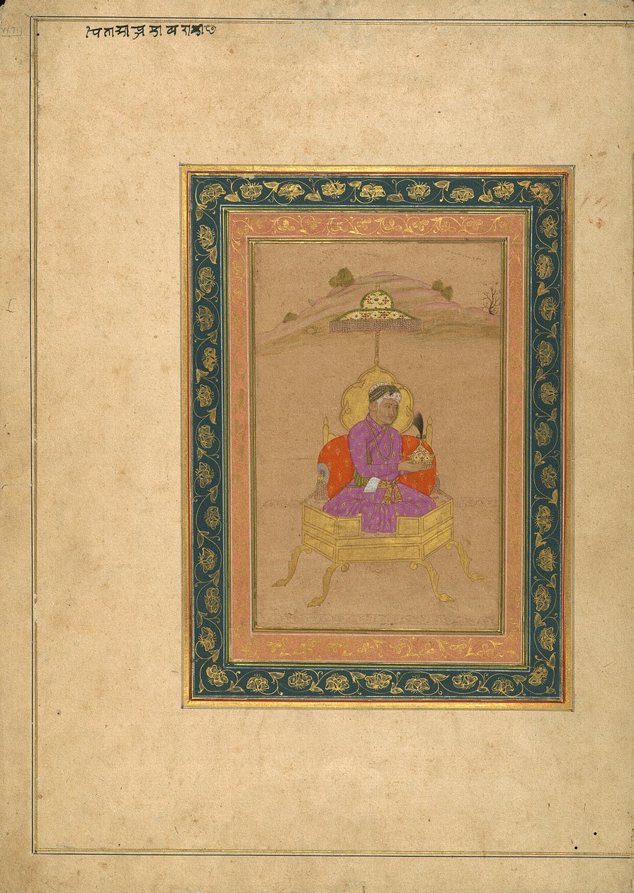 O terceiro imperador mogol Akbar sentado no trono real enquanto segura sua coroa de School Mughal
