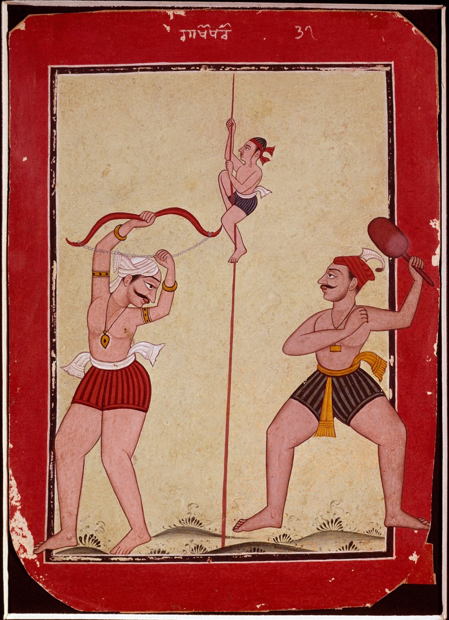 Três atletas durante o treino (corda, arco e flecha e jogo de raquetes de neve) (Miniatura de School Mughal