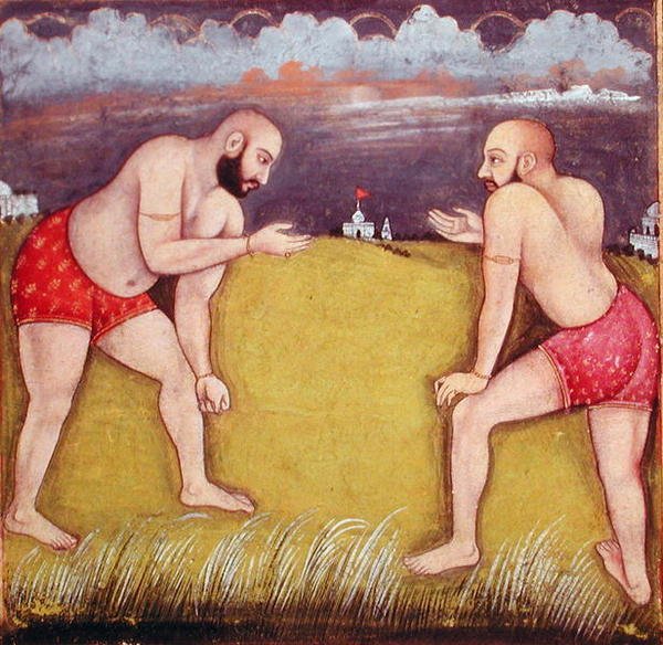 Dois lutadores, no início do século XIX (guache no papel) de School Mughal
